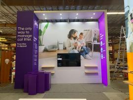 RENTAL: Custom Island Design with Gravitee Storage Tower with Locking Door, Arch Canopy Structure with Recessed Puck Lighting, Double-Sided Lightbox at 48" Wide x 190" High, Double-Sided Backwall Under Arch Canopy at 178" Wide x 176" High, 75" Monitor, (4