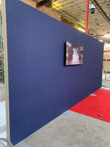 RENTAL: 18" Wide 8 ft. High Backwall with Boomerang Baseplates, Large Monitor Mount, 50" Monitor, SEG Backlit Fabric Graphic -- View 2