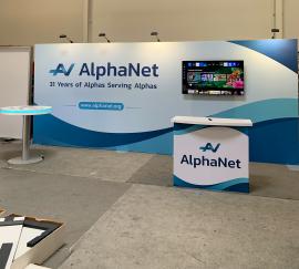 RENTAL:  RE-2162 Inline Design with 232" Wide x 96" High Backwall with Boomerang Baseplates, Large Monitor Mount, RE-1558 Reception Counter with White Laminated Top, RE-704 Charging Station Table with White Laminate Finish and Recessed RGB Accent Lighting