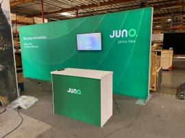 RENTAL: Modified RE-2163 Inline Design with 232" W x 96" H Single-Sided Lightbox, Large Monitor Mount, 43" Monitor, RE-1567 Backlit Reception Counter, SEG Backlit Fabric Graphics