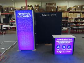 Modified GK-1016 Gravitee Lightbox Exhibit with SEG Fabric Graphics, Locking Closet, Monitor Mount, and Backlit GOD-1557 Counter with Locking Storage