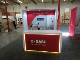 Custom Gravitee Modular Island/Inline with Tension Fabric Graphics, Closet Storage, Monitor Mount, Wood Canopy, and Custom Reception Counter with LED Accent Lights and Locking Storage -- View 2